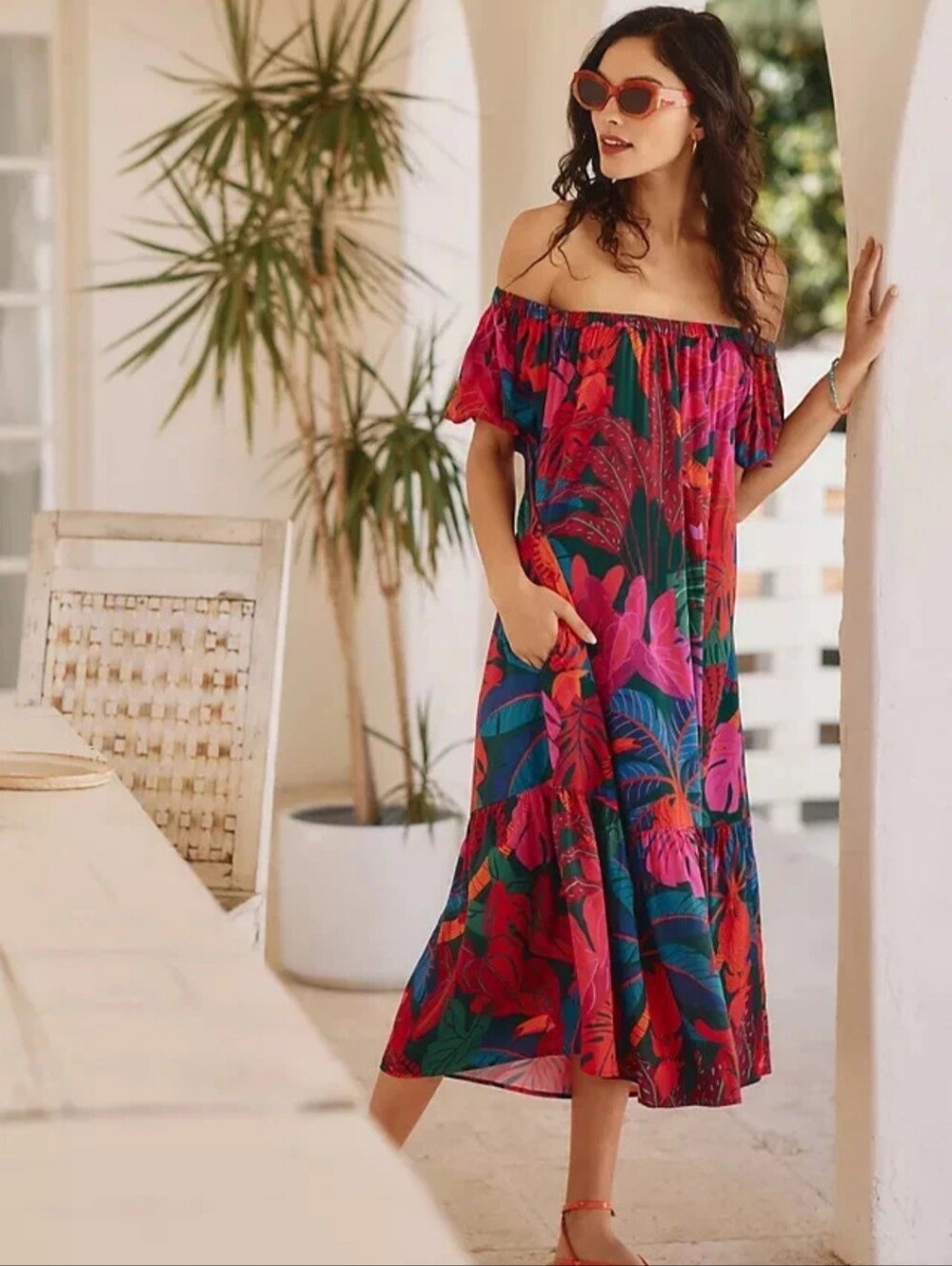 FARM Rio Off-Shoulder Tropical Maxi Dress in Red, Pink and Green